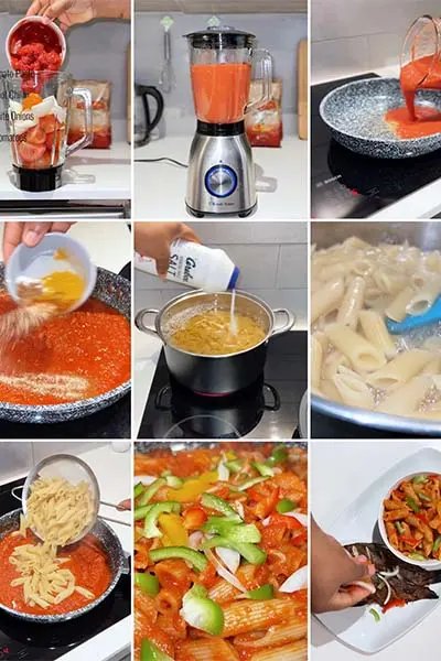 Nigerian Jollof Penne Rigate pasta cooked in bold tomato and pepper sauce in a pan, a creative West African pasta fusion dish