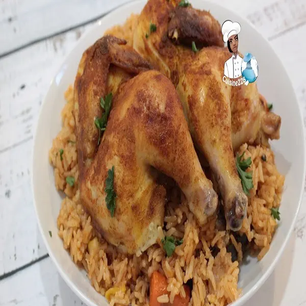Nigerian Oven Baked Jollof Rice in a large pot with smoky crust, the coveted party jollof rice method