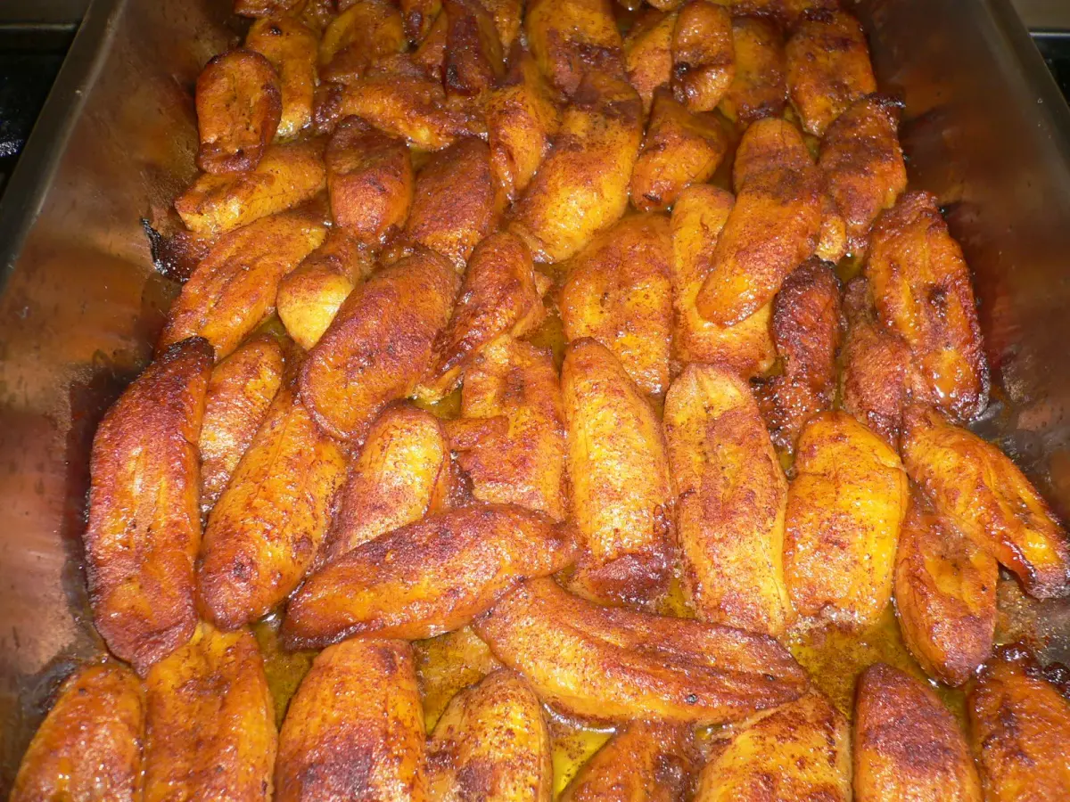 Baked plantain loaf, sliced, made with rice flour and turmeric