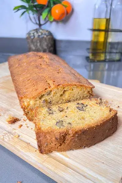A carrot and walnut loaf cake, sliced