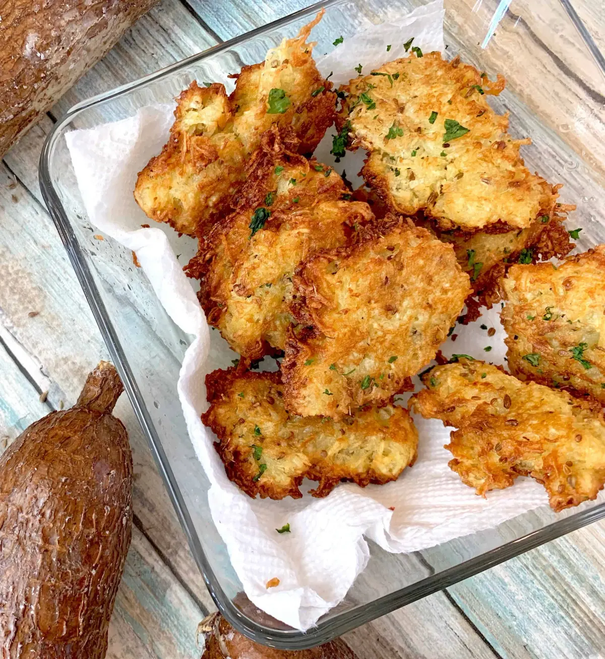 Cassava fritters, crisp shallow fried patties of grated cassava with onion and chilli