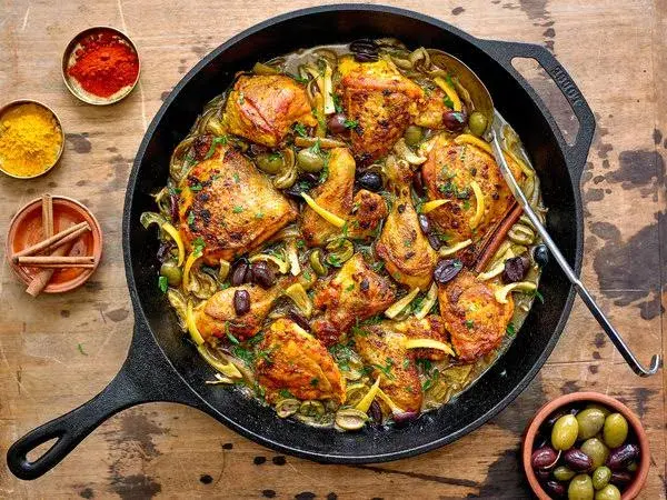 Moroccan chicken tagine with green olives, preserved lemon and carrots