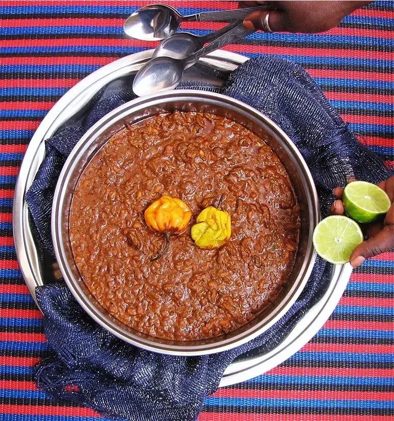 Dakhine, a Senegalese rice dish cooked in peanut and tomato sauce with beef