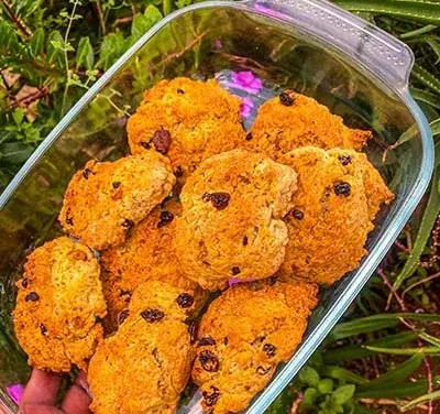 Rock buns, rough craggy British fruit buns baked golden brown