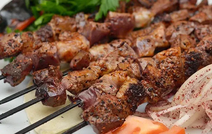 Liver suya, Nigerian spiced liver kebabs coated in groundnut and pepper yaji and grilled on skewers