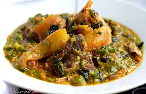 Otong soup, an Efik okra and pumpkin leaf soup from Cross River State with prawns, crab and smoked fish