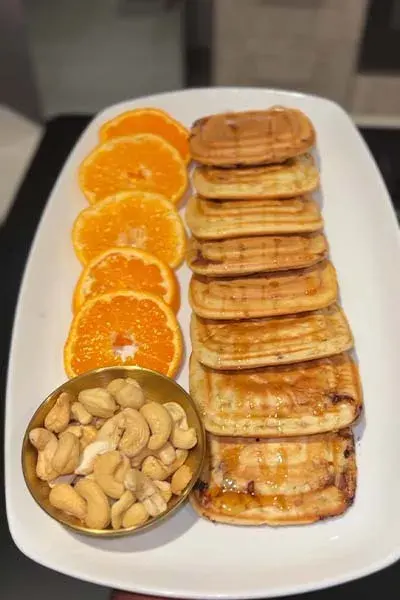 Toaster pancakes, buttermilk pancakes with chocolate chunks cooked in a sandwich press