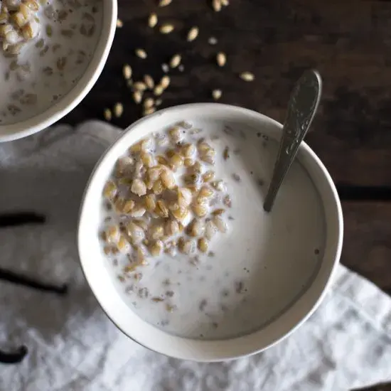 Belila, Egyptian wheat berry porridge served with hot milk, almonds and cinnamon