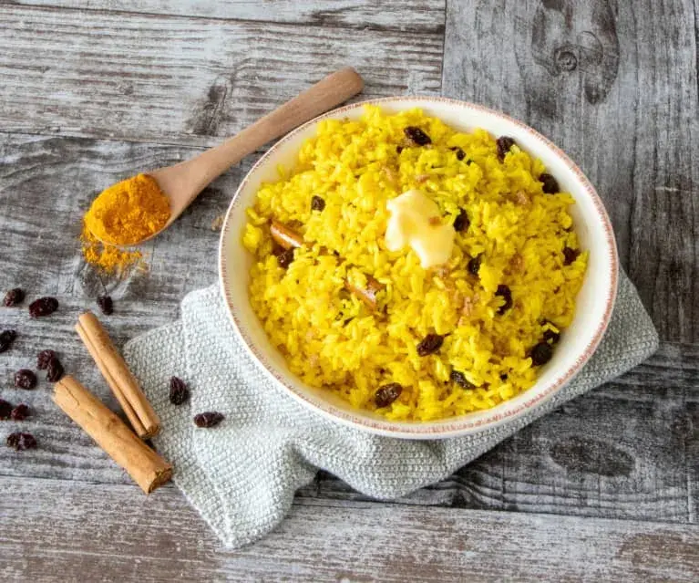 Cape Malay yellow rice with turmeric, raisins and cinnamon