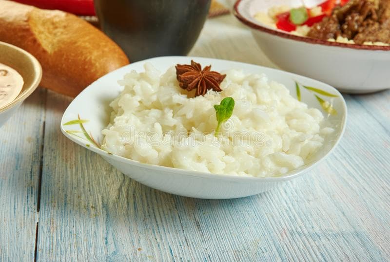 Senegalese Sombi creamy rice and coconut milk pudding in a bowl, a traditional West African dessert from Senegal