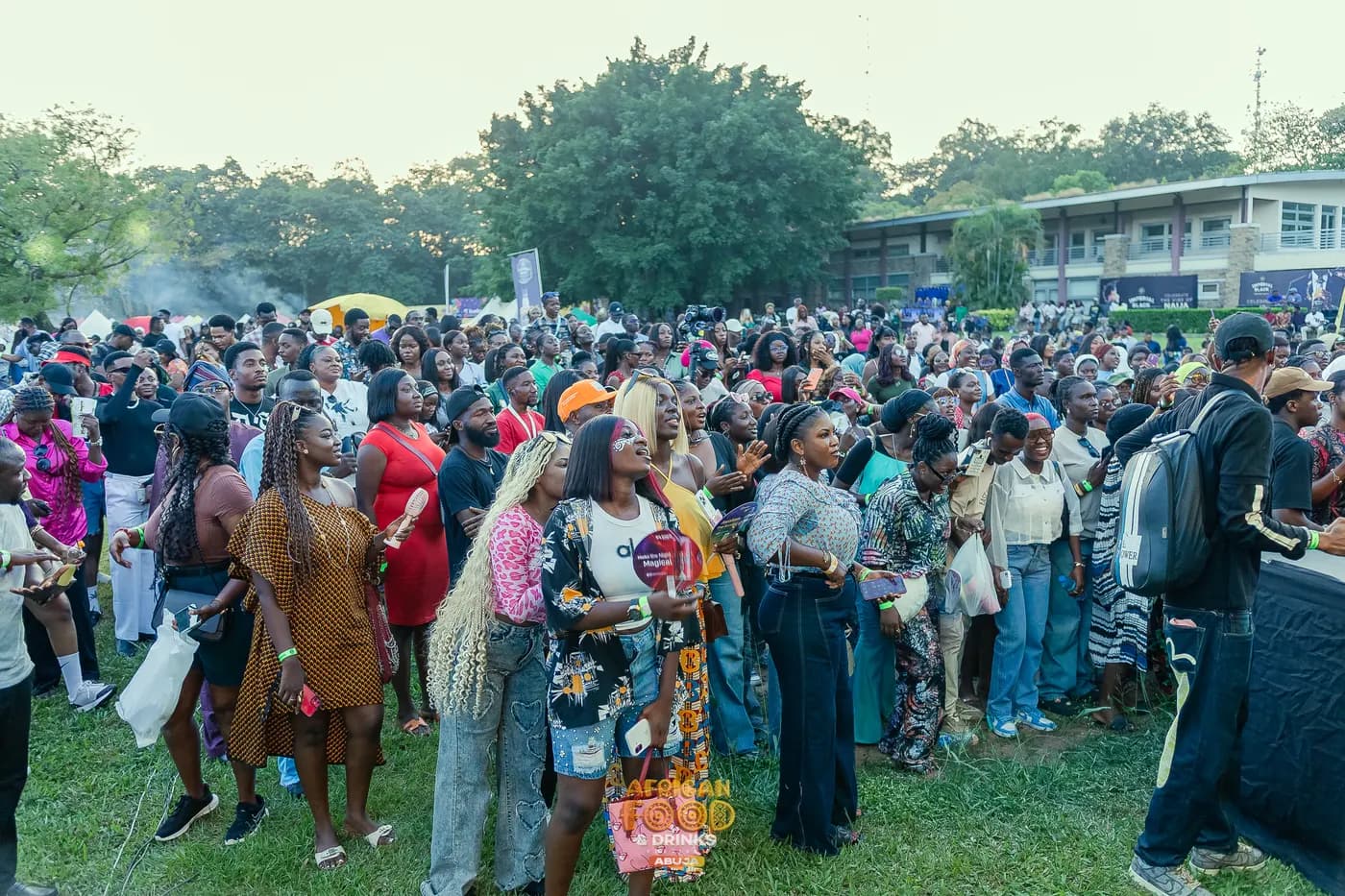 Une grande foule en plein jour sur l'herbe face à la scène, la fumée des stands derrière elle