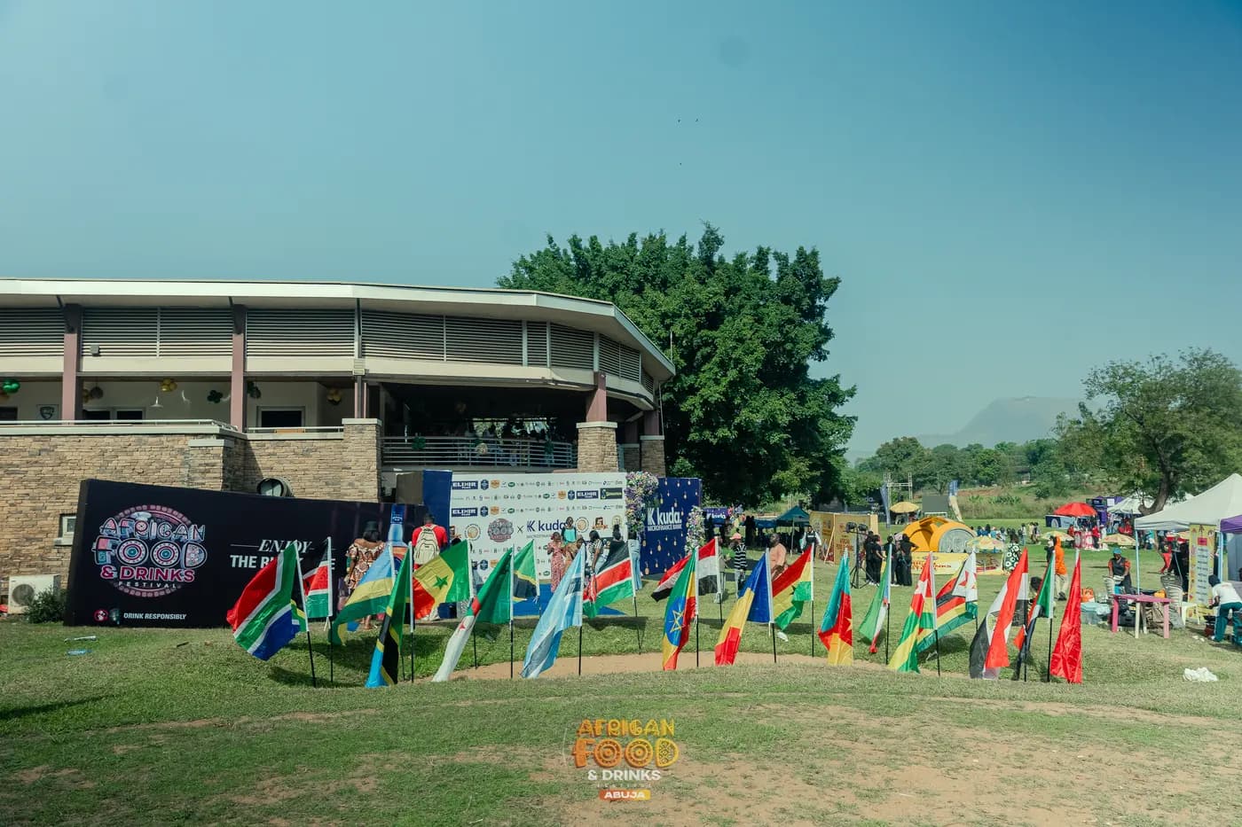 Les drapeaux de plus de vingt nations africaines plantés en demi-cercle sur l'herbe devant la scène
