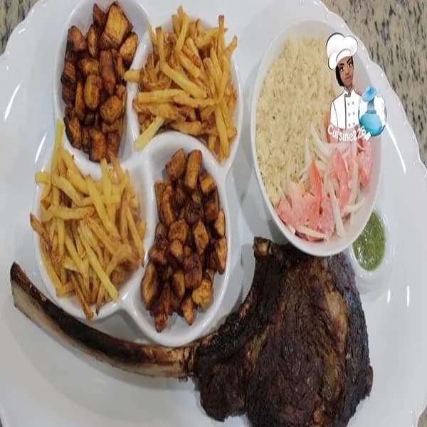 Attiéké steak alloco, an Ivorian plate of fermented cassava granules with steak and fried plantain