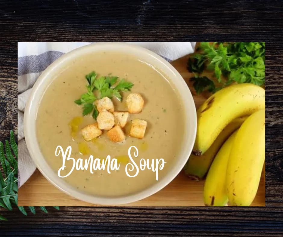 Banana soup, a blended soup of ripe banana with coconut milk and curry spices, garnished with coriander