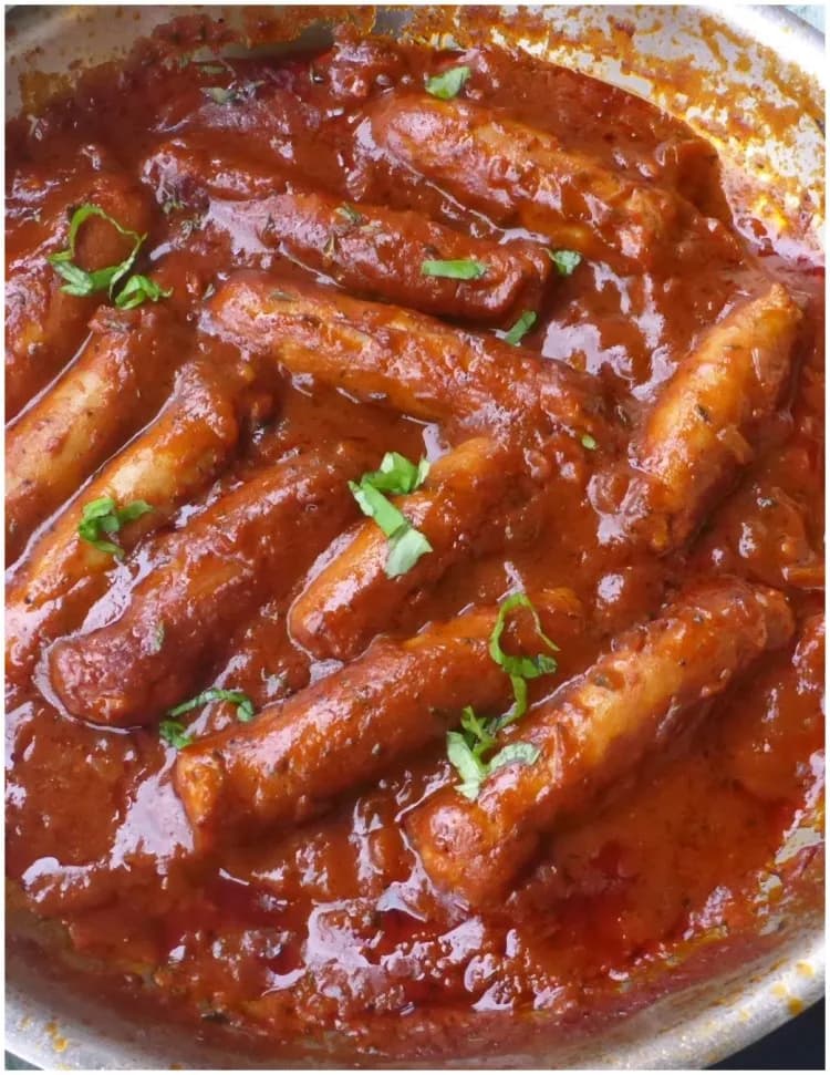 Boerewors stew, South African coriander seasoned sausage simmered in a tomato sauce