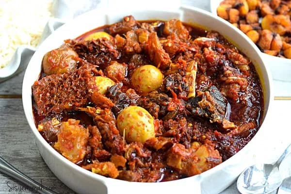 Buka stew, a Nigerian pepper stew with assorted meats cooked in bleached palm oil