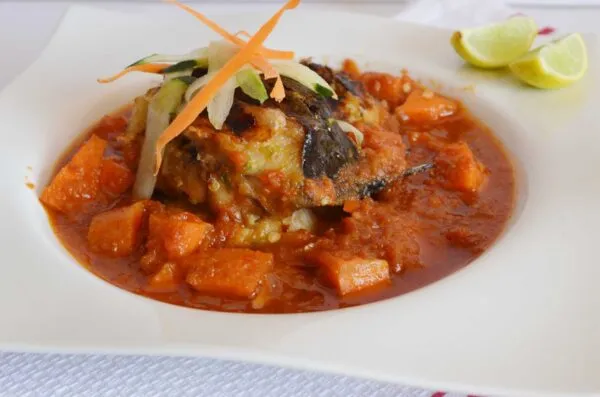 Catfish and carrot sauce, grilled Nigerian catfish served on a thick blended carrot and tomato sauce