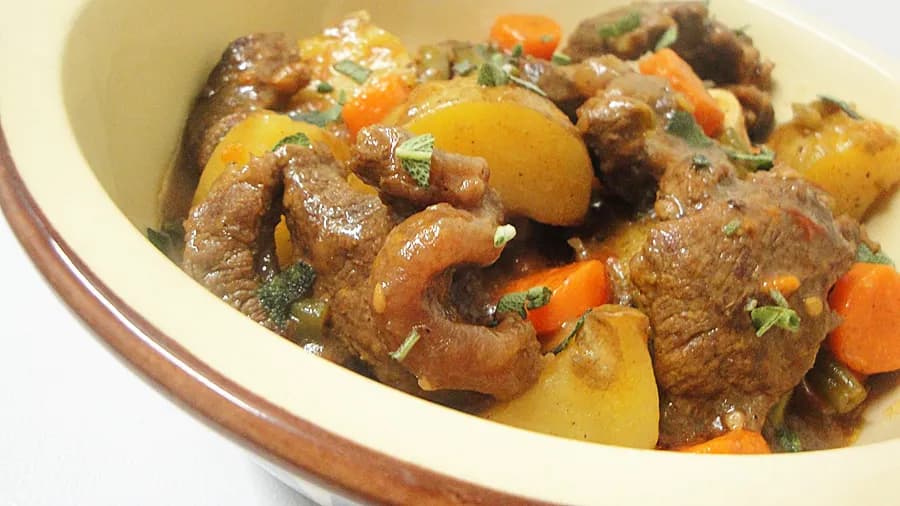 A West African chicken and peanut soup with okra and root vegetables