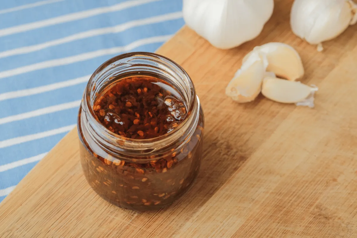 Homemade chilli garlic oil in a jar