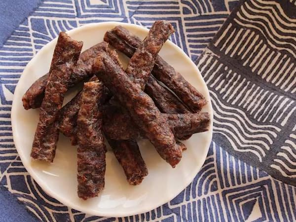 Droëwors, thin South African air-dried beef sausage seasoned with coriander