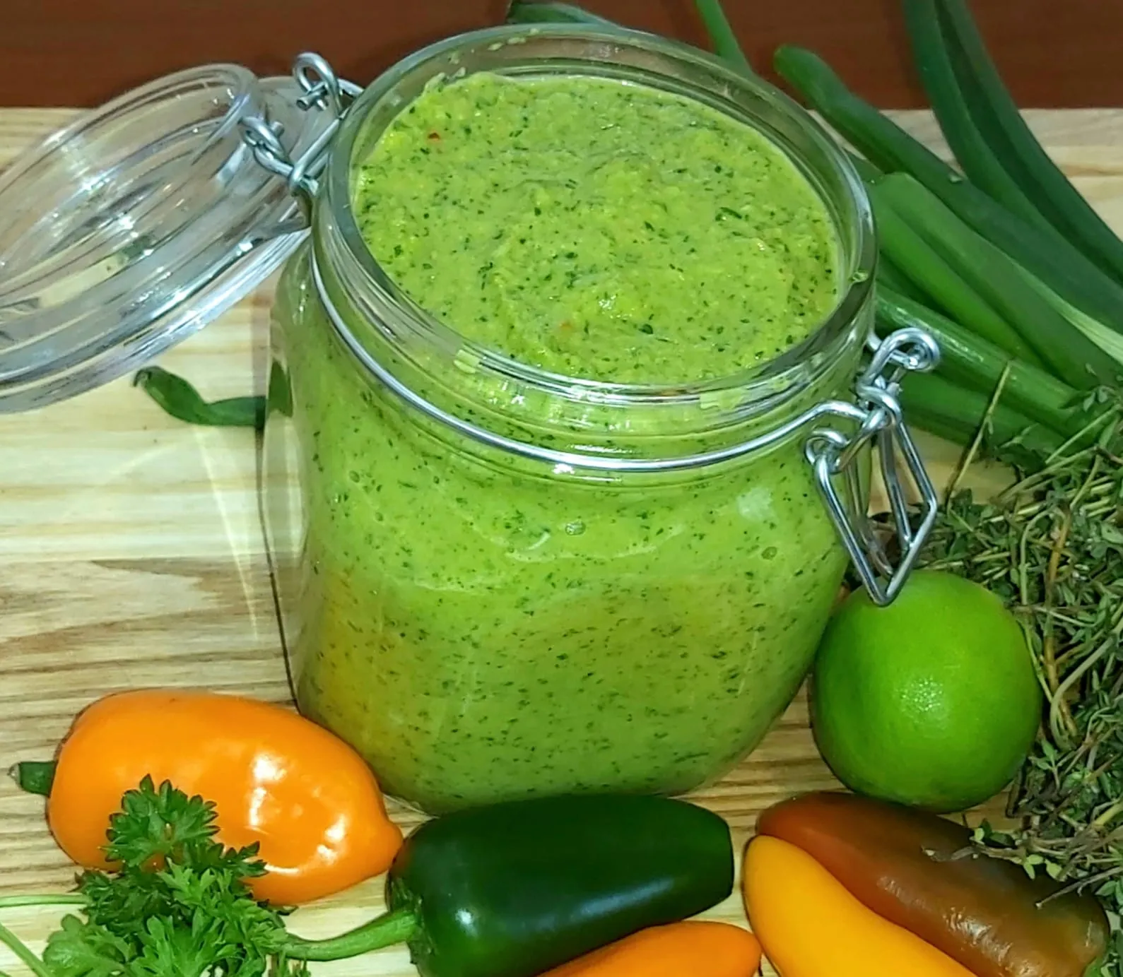 Green seasoning, a Caribbean blended herb paste with parsley, coriander and scotch bonnet