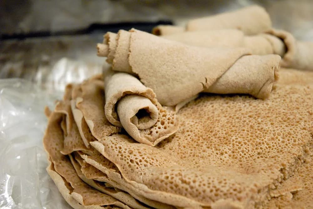 Injera, Ethiopian fermented teff flatbread with its characteristic open surface