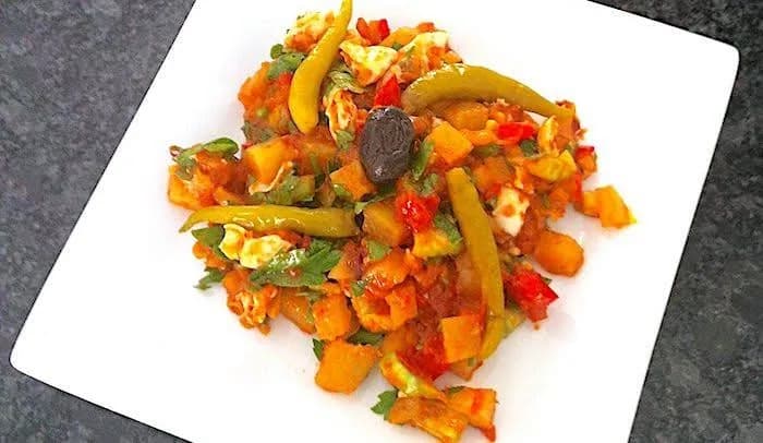 Kafteji, a Tunisian dish of separately fried vegetables chopped together and served with bread