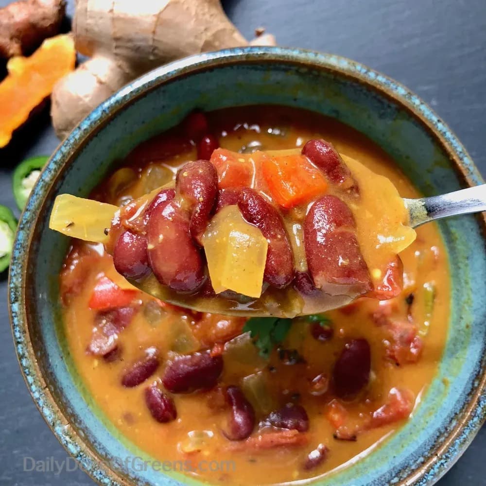 Kenyan maharagwe, red kidney beans simmered in spiced coconut milk with tomato