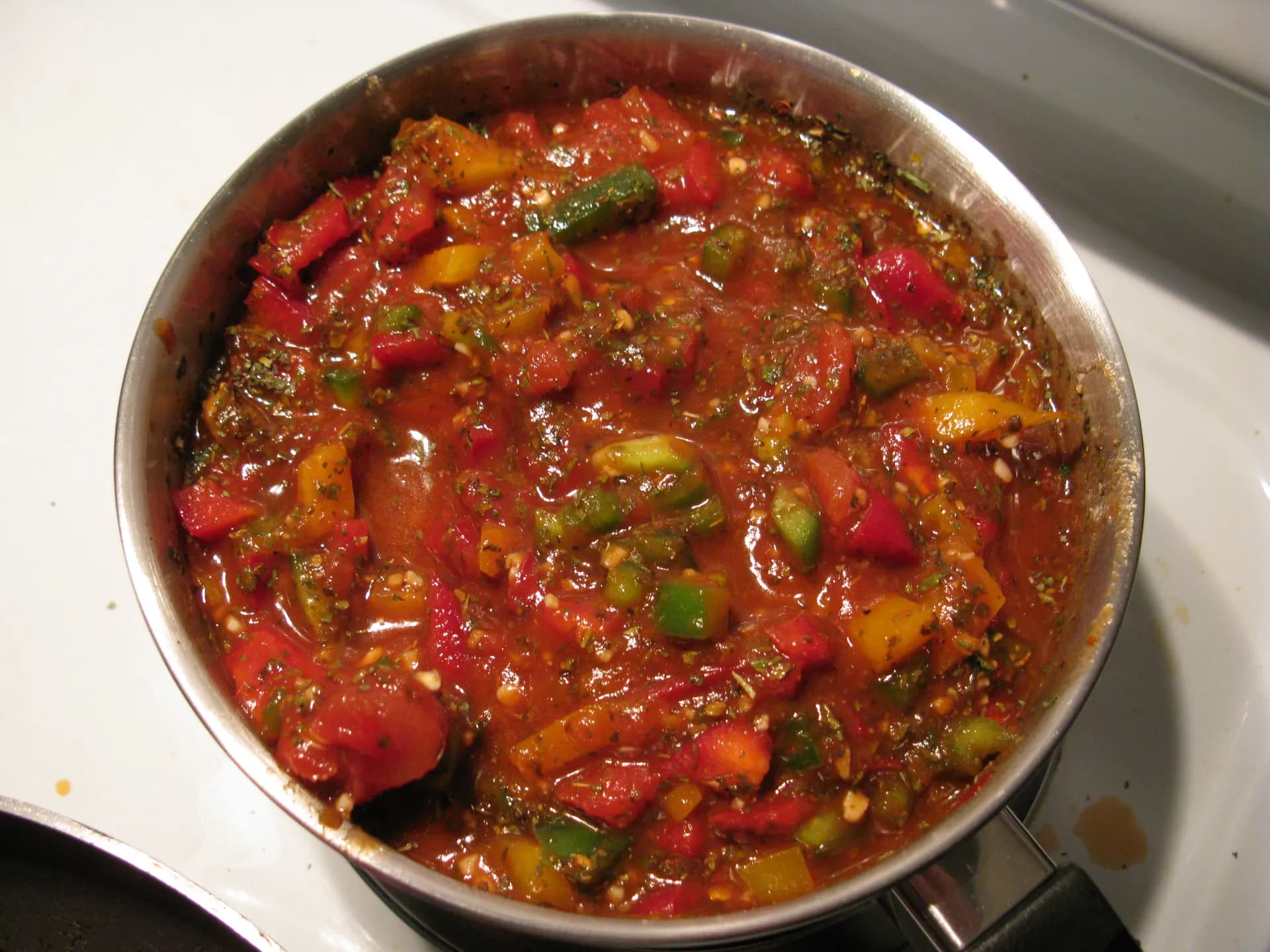 Matbucha, a slow-cooked Moroccan dip of tomatoes and roasted peppers