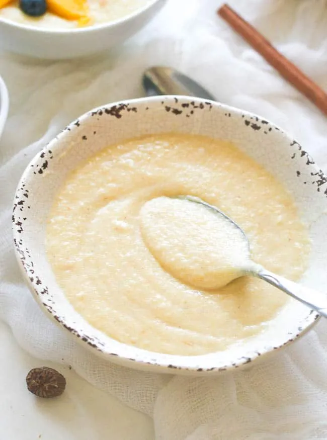 Mealie pap, smooth South African white maize porridge served with milk and sugar