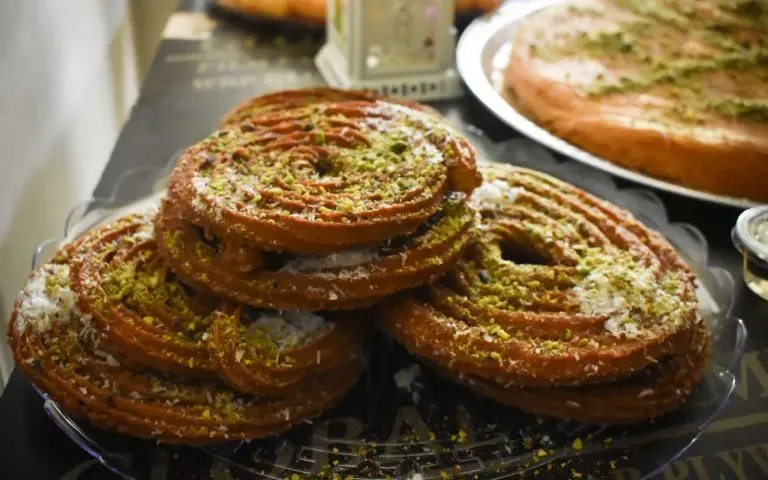 Meshabek, an Egyptian sweet of piped fried batter soaked in syrup