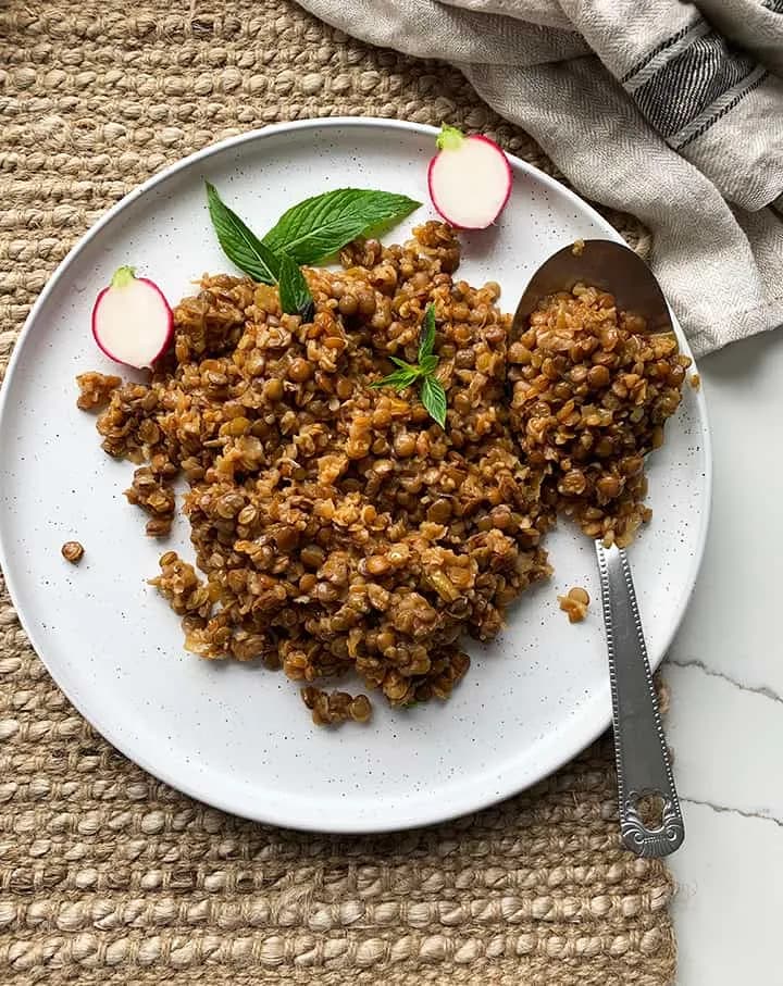 Mujadara, lentils and rice topped with deeply caramelised fried onions