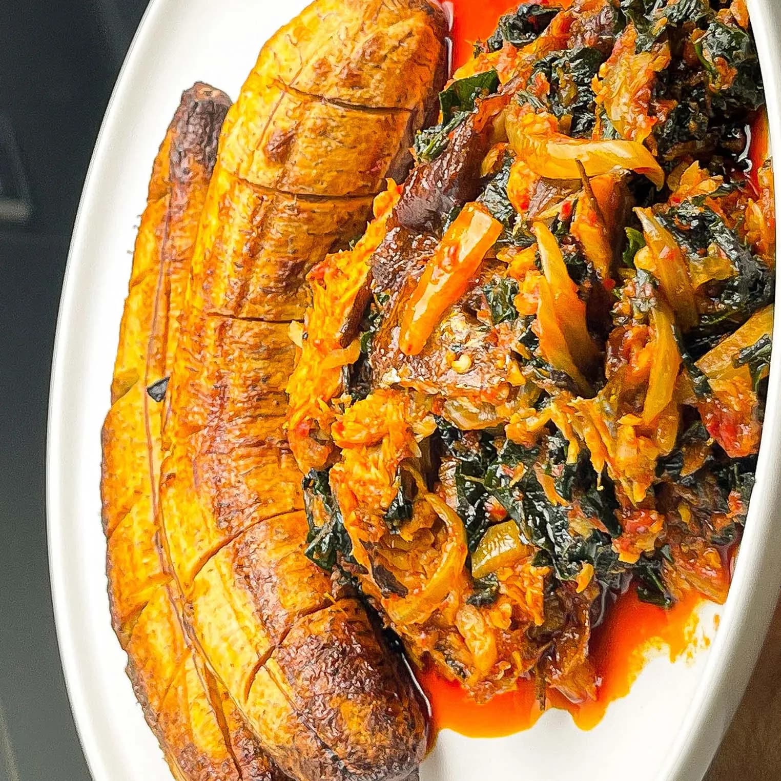 African native sauce, a Nigerian palm oil sauce with smoked fish, crayfish and pumpkin leaves
