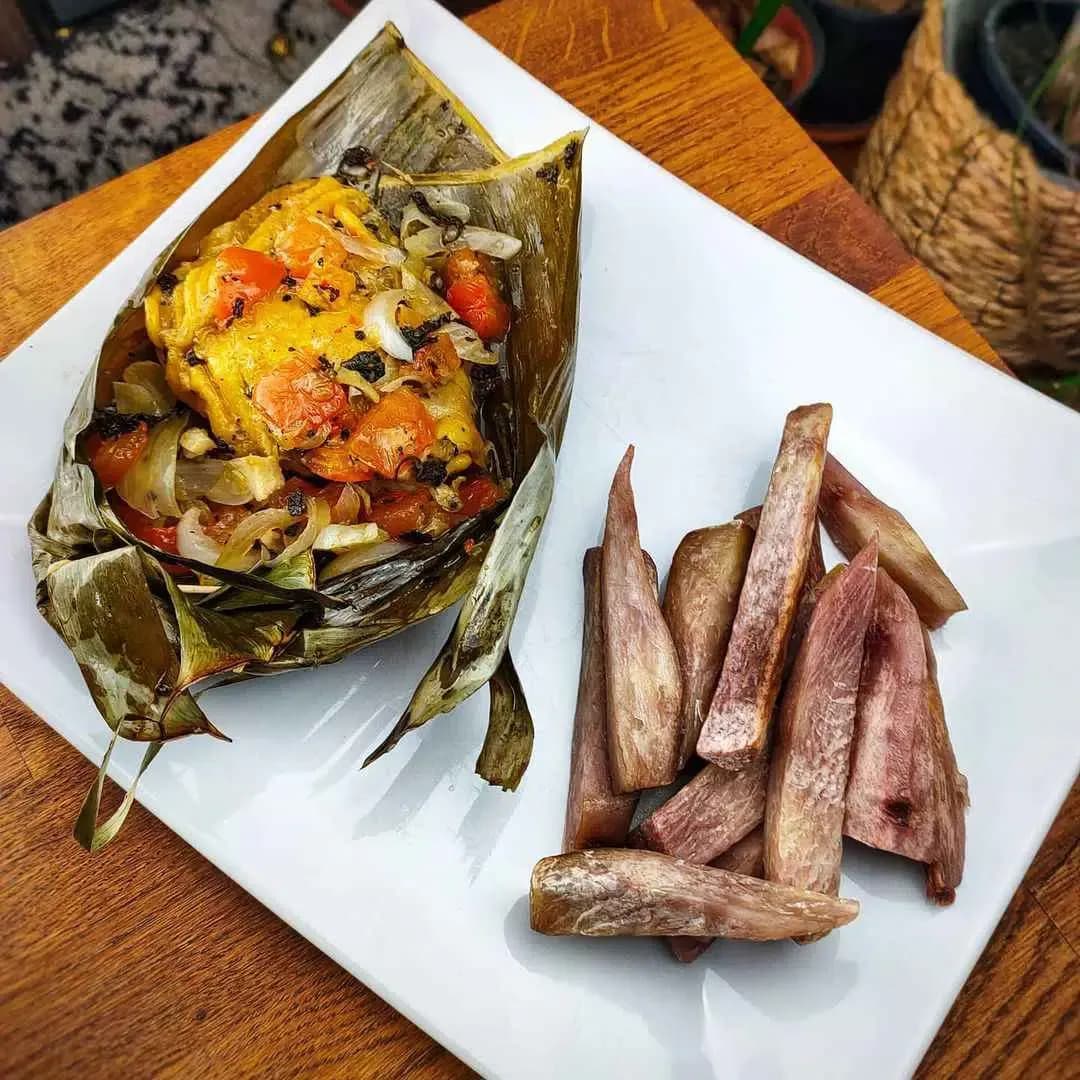 Ndomba, Cameroonian fish seasoned and steamed in banana leaves