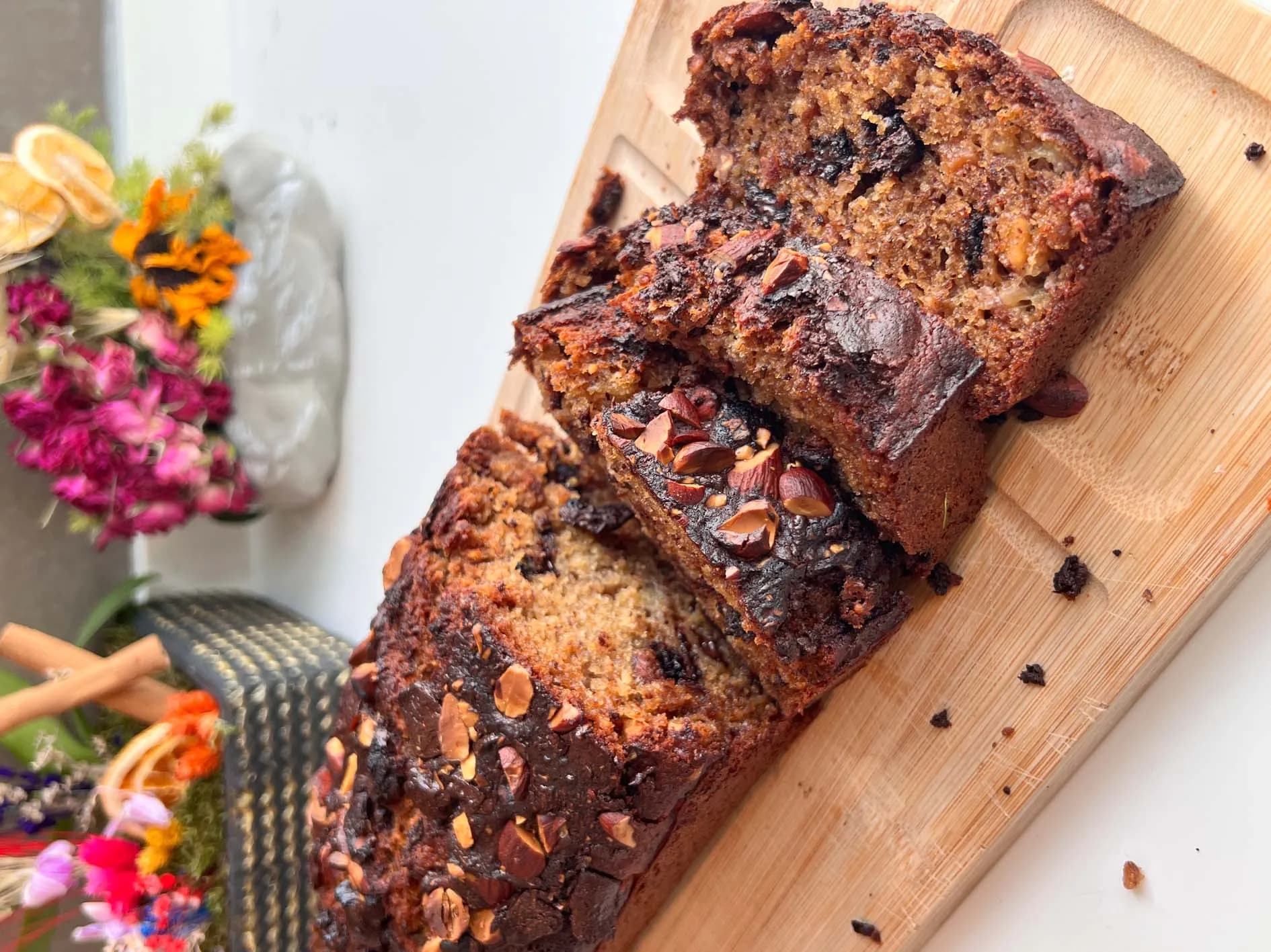 Nutty chocolate banana bread with almonds and dark chocolate