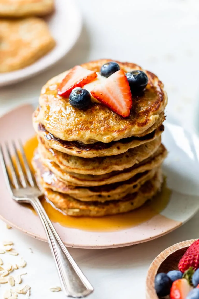 Oat pancakes, blended oat and banana pancakes cooked in a non stick pan