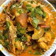 Oha soup, an Igbo Nigerian soup of oha leaves thickened with cocoyam and served with assorted meat