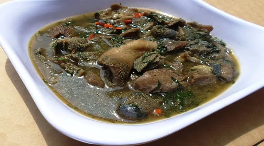 Pepper soup with beef and cocoyam in a spiced Cameroonian broth
