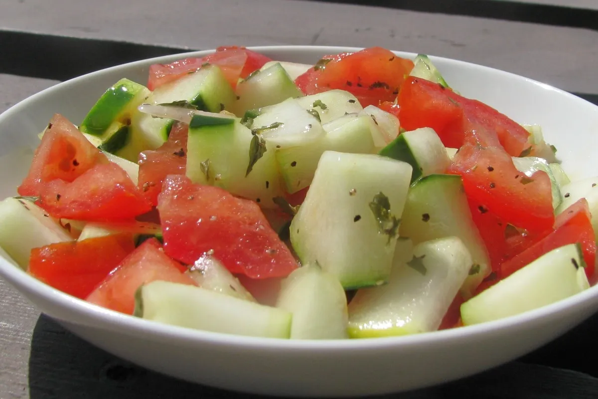 Shlada, a Moroccan salad of finely chopped tomato, cucumber and onion with cumin