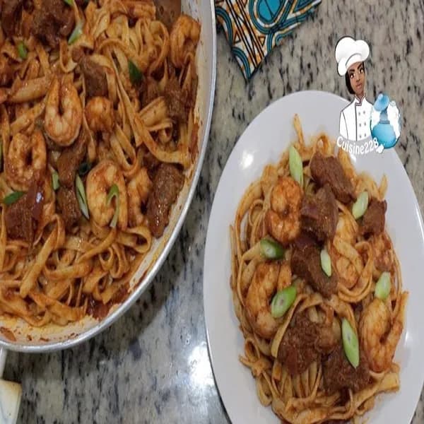 Jollof pasta cooked in a spiced West African tomato and pepper stew