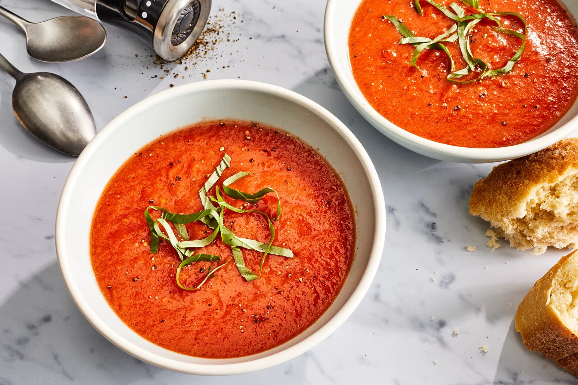 A bowl of classic tomato soup thickened with a browned roux