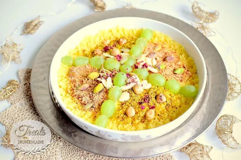 Masfouf, Tunisian sweet couscous with dates, nuts and custard