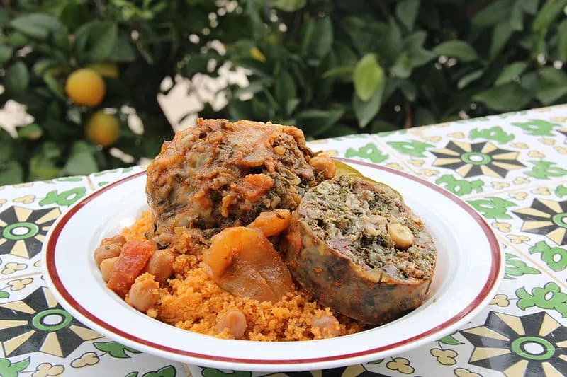 Usban, a Tunisian sausage of sheep offal and rice sewn into stomach pouches and cooked in a spiced sauce