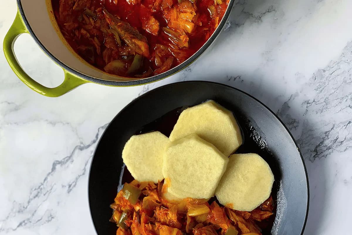 Vegetable palm oil stew with chunky cabbage, bell pepper and smoked fish