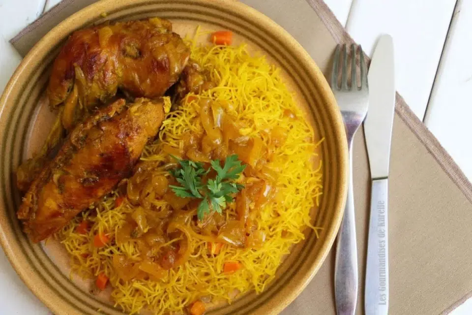 Vermicelle poulet, Senegalese braised chicken in mustard onion sauce served over toasted rice vermicelli