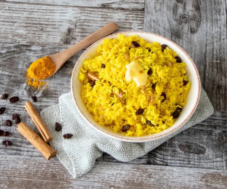 Cape Malay yellow rice with turmeric, raisins and cinnamon